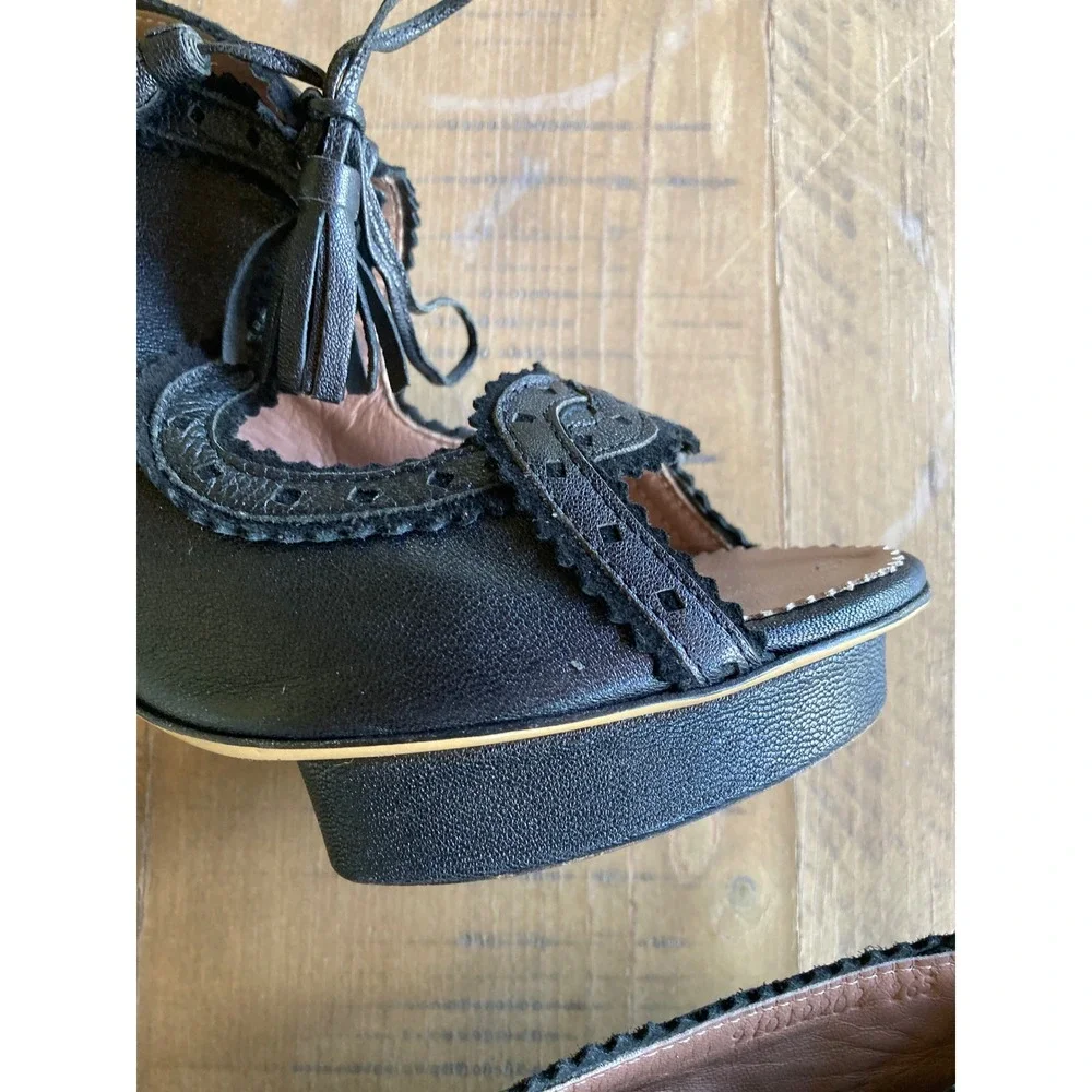 Suecomma Bonnie Black Leather Brogue Platform Peep Toe Tassel Heels 39.5